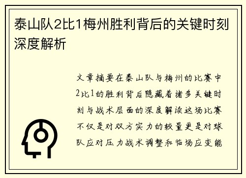 泰山队2比1梅州胜利背后的关键时刻深度解析