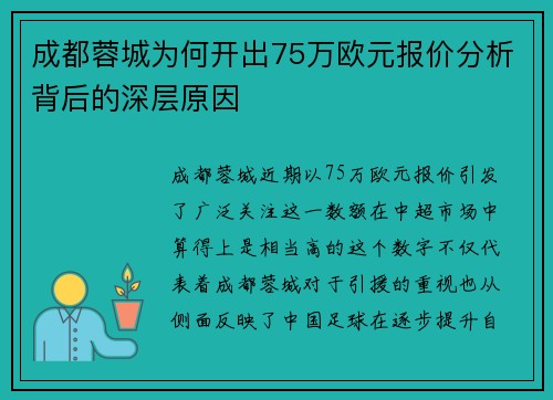 成都蓉城为何开出75万欧元报价分析背后的深层原因